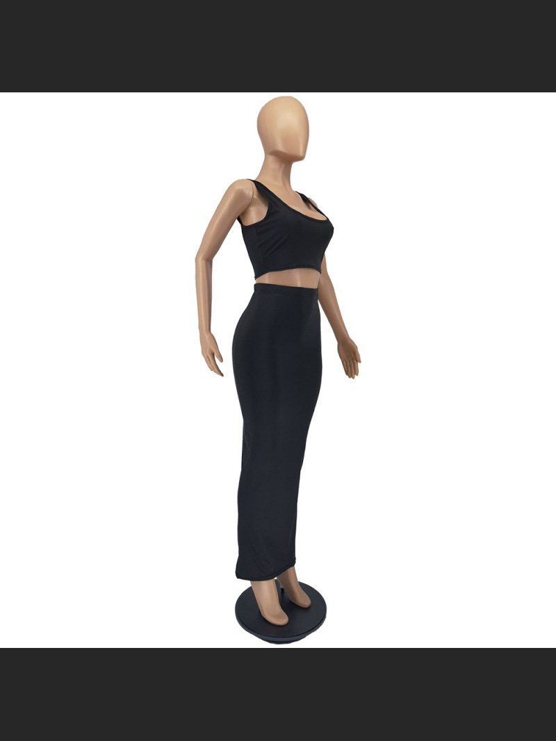 Fashion Solid Color Vest And Long Skirt Set