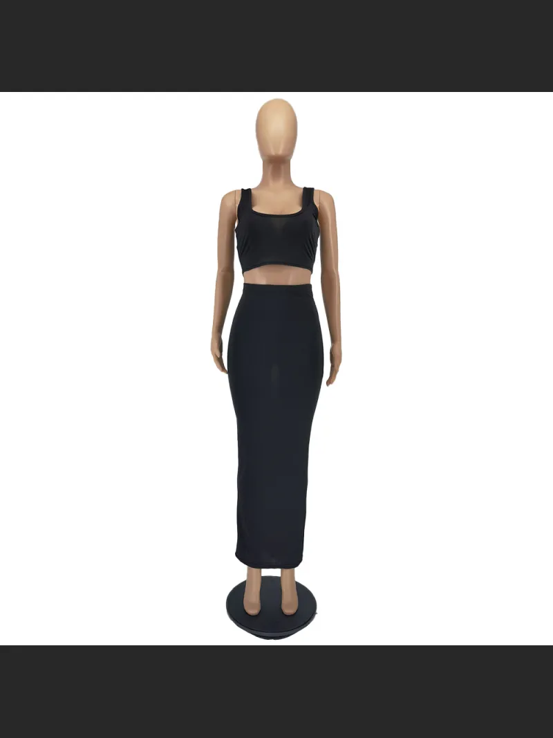 Fashion Solid Color Vest And Long Skirt Set