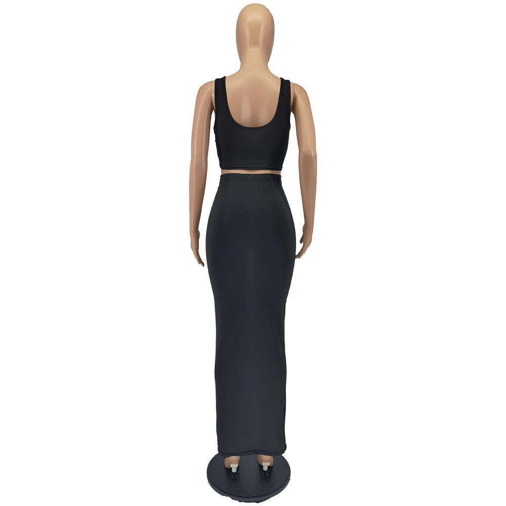 Fashion Solid Color Vest And Long Skirt Set