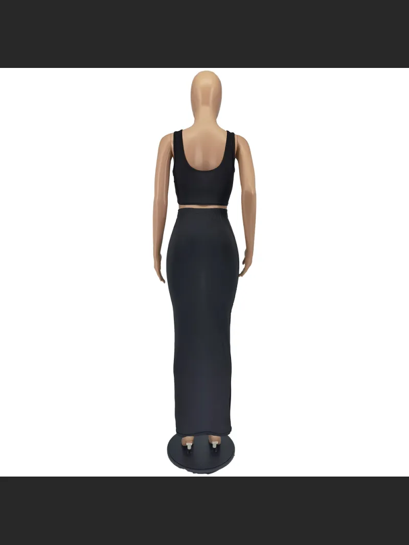 Fashion Solid Color Vest And Long Skirt Set