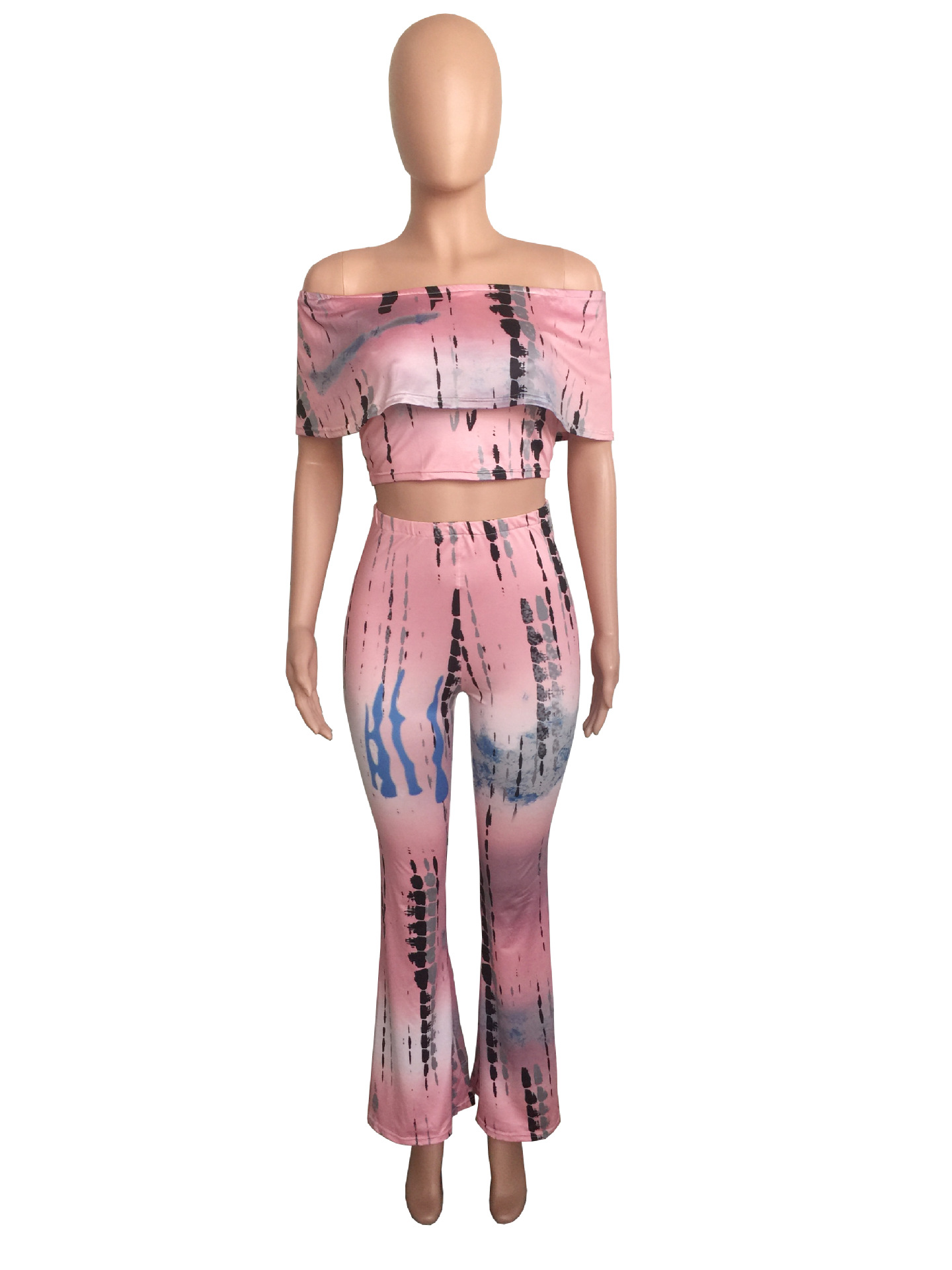 Fashion Tie Dye One Shoulder Wide Leg Pants Set