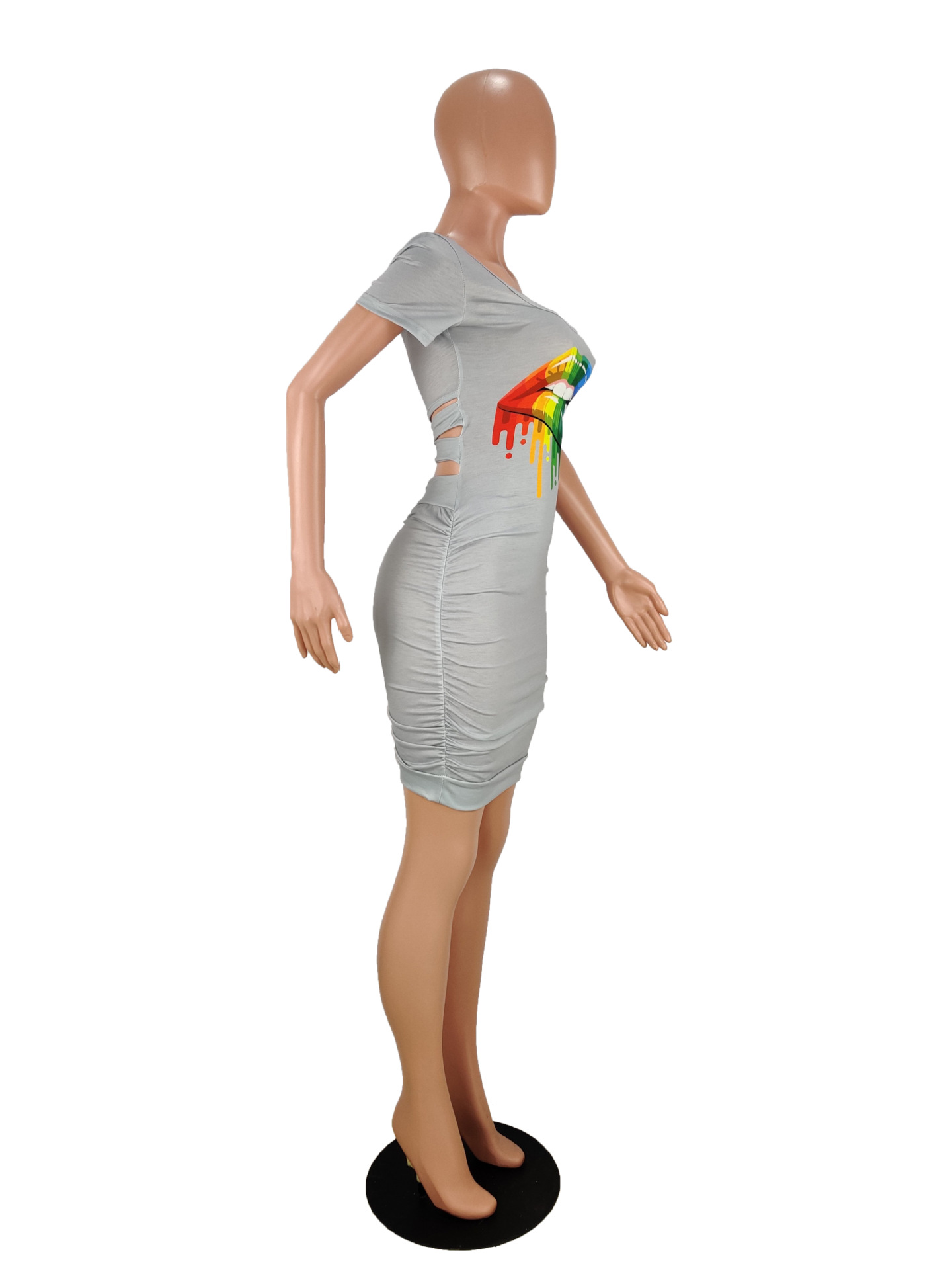 Fashionable Lip - Print Pleated Slim - Fit Dress