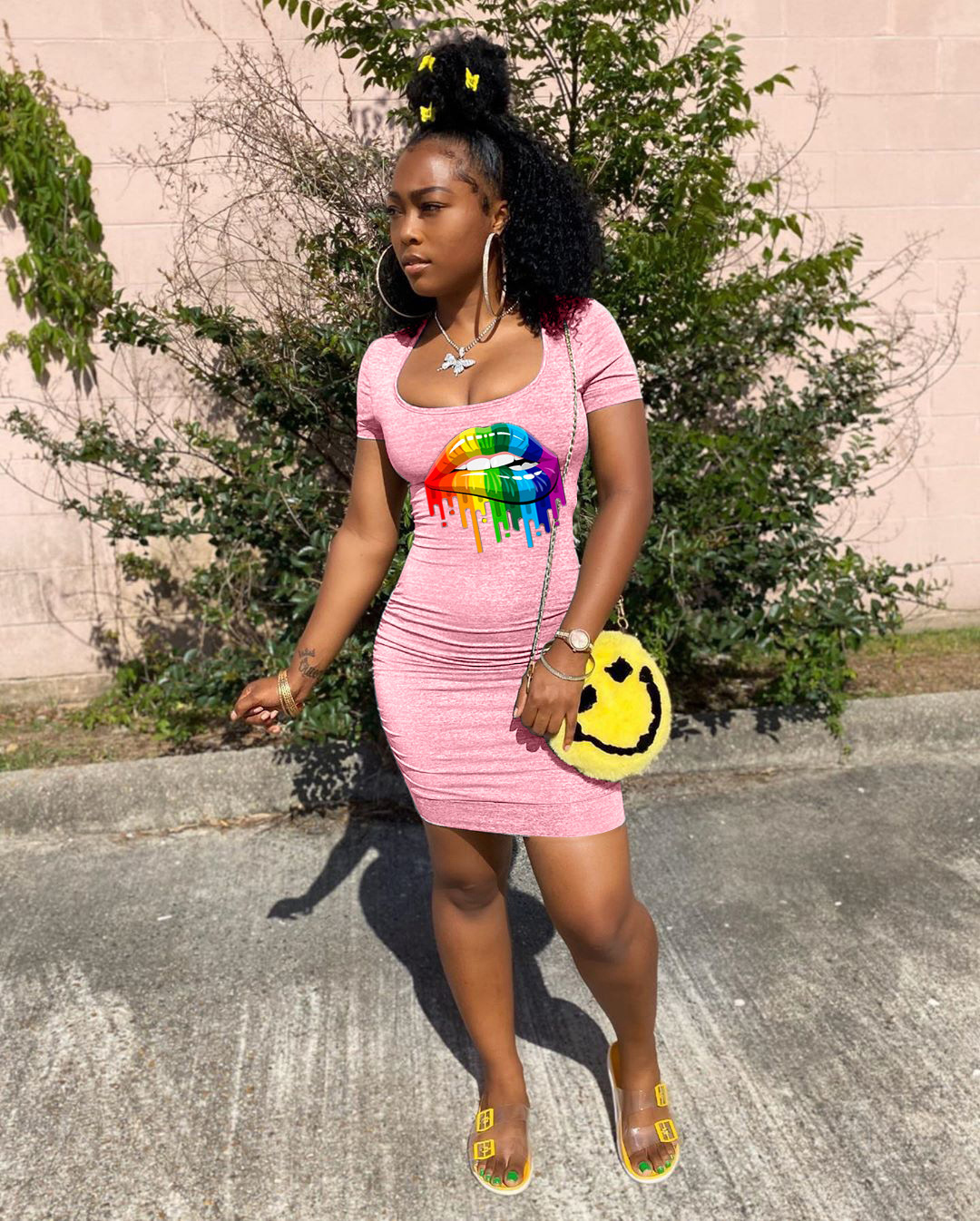 Fashionable Lip - Print Pleated Slim - Fit Dress