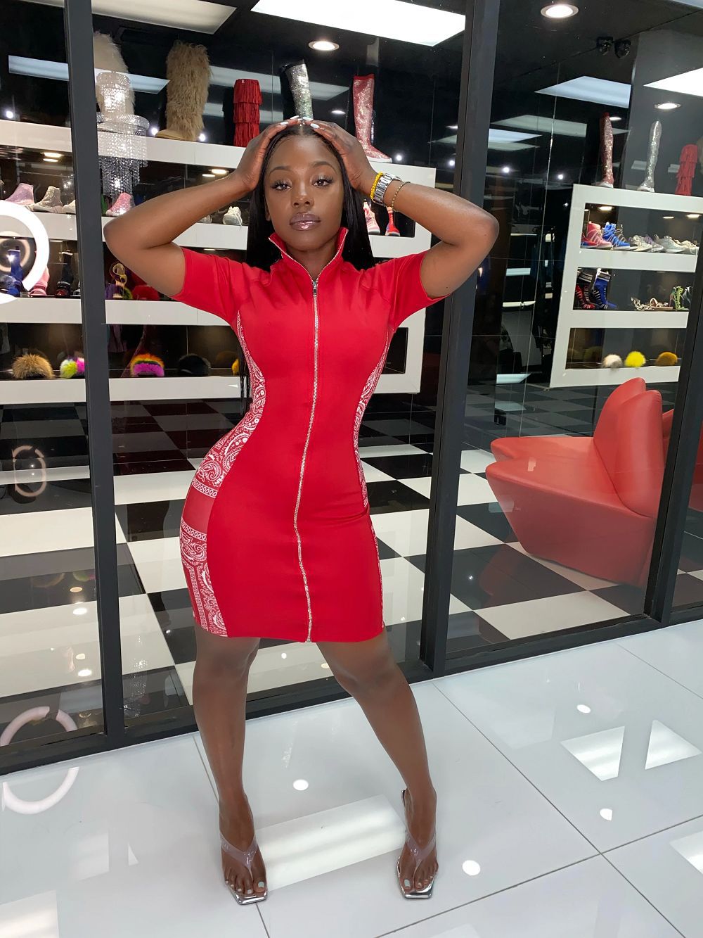 Fashionable Printed Zipper Tight - Fitting Hip - Hugging Dress