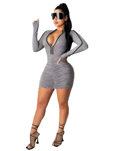 Fashionable Women's Sexy Pleated Zipper Slim Fit Dress 01