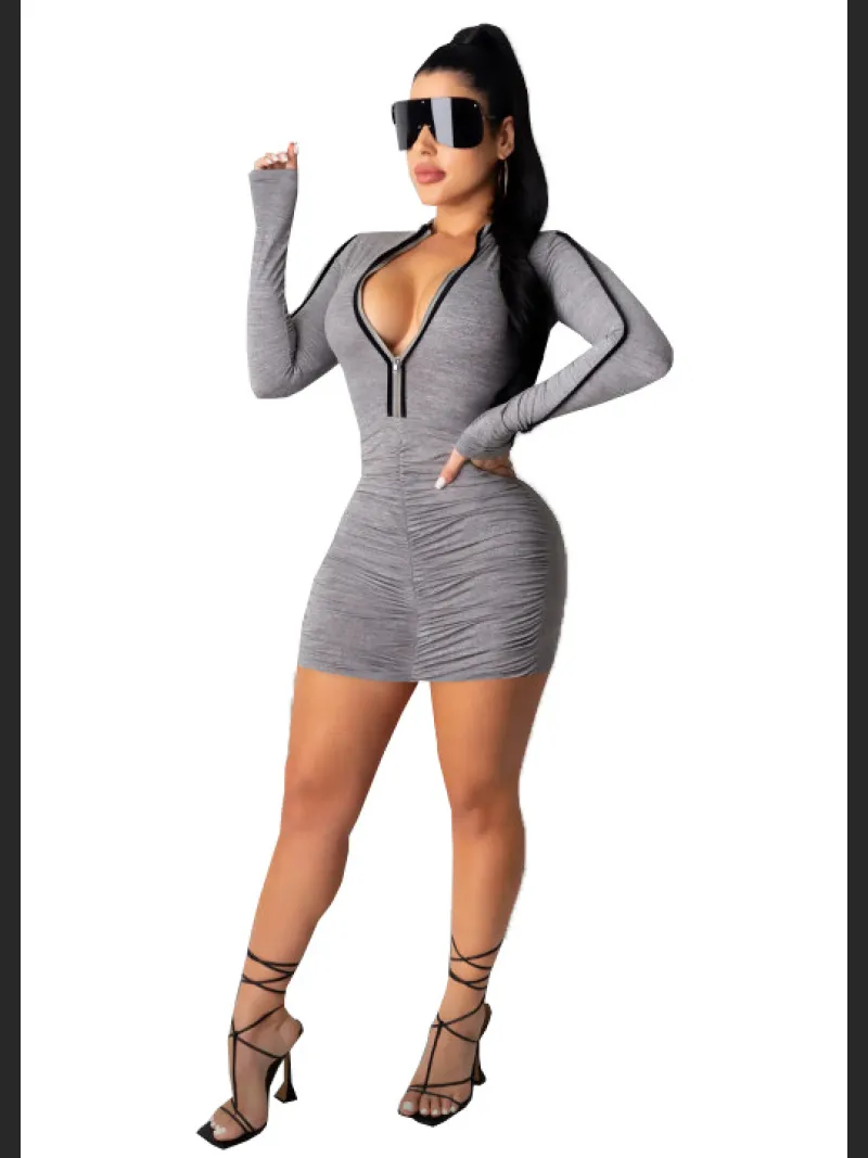 Fashionable Women's Sexy Pleated Zipper Slim Fit Dress