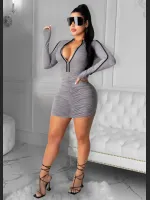 Fashionable Women's Sexy Pleated Zipper Slim Fit Dress
