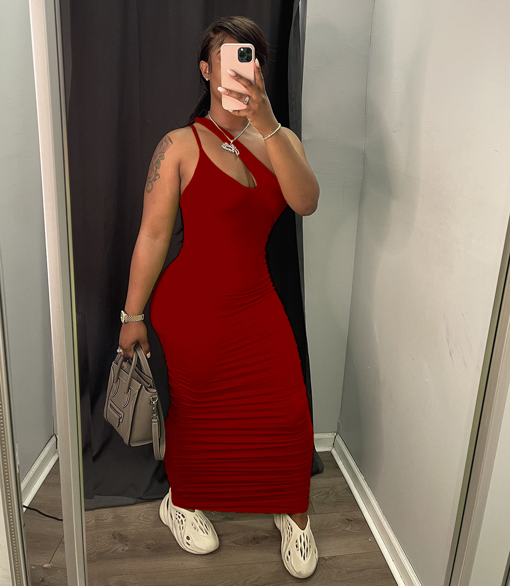 Side Pleated Slim Wide Shoulder Strap Solid Color Dress