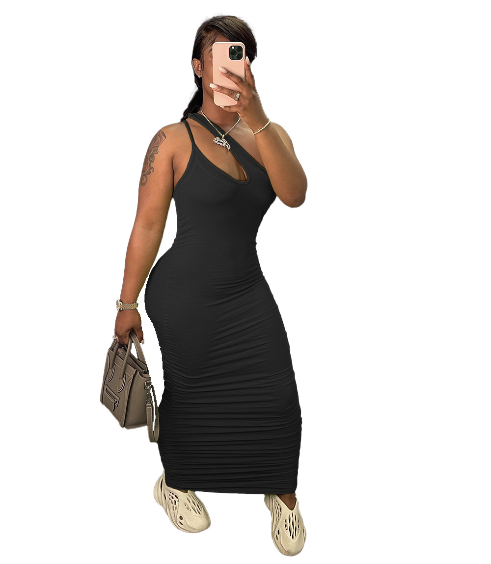 Side Pleated Slim Wide Shoulder Strap Solid Color Dress