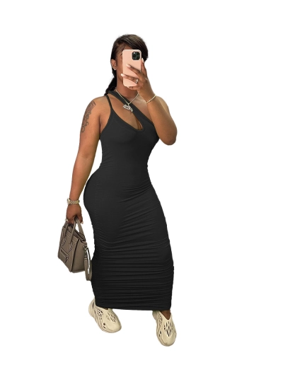 Side Pleated Slim Wide Shoulder Strap Solid Color Dress 01