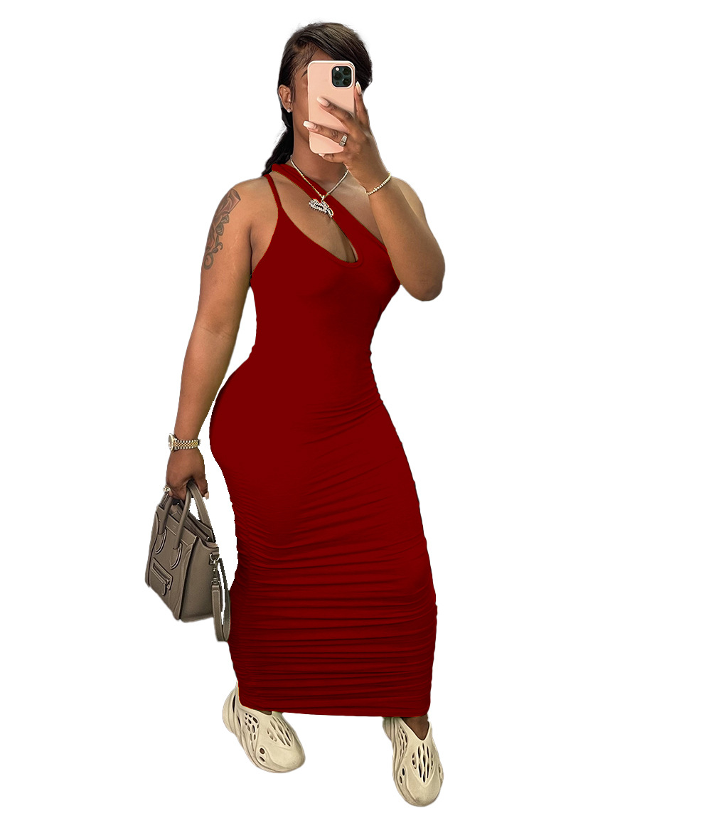 Side Pleated Slim Wide Shoulder Strap Solid Color Dress