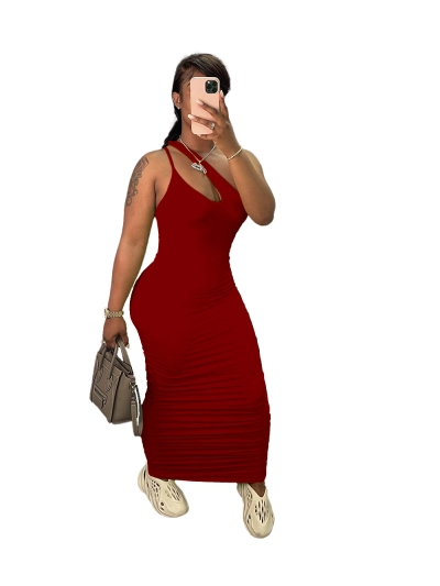 Side Pleated Slim Wide Shoulder Strap Solid Color Dress 02