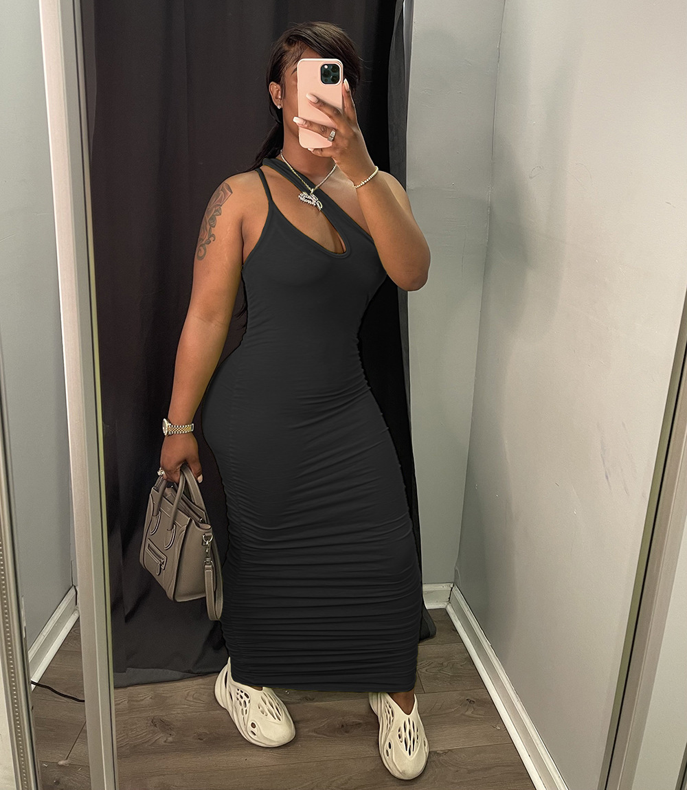 Side Pleated Slim Wide Shoulder Strap Solid Color Dress