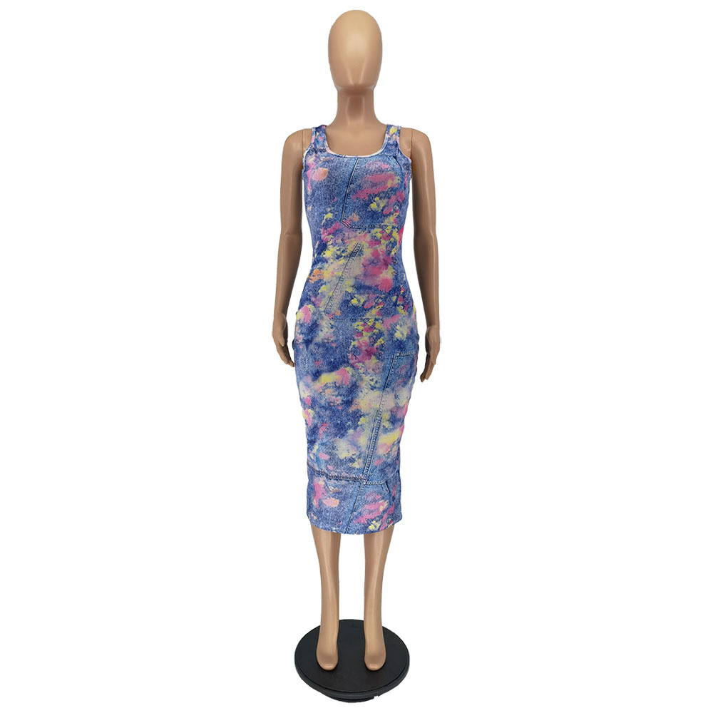 Sleeveless Camisole Off Shoulder Imitation Denim Printed Medium Length Dress