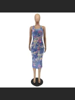 Sleeveless Camisole Off Shoulder Imitation Denim Printed Medium Length Dress