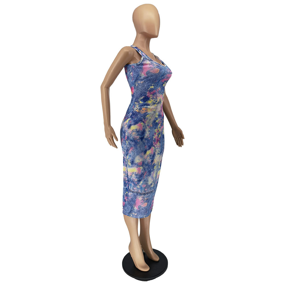 Sleeveless Camisole Off Shoulder Imitation Denim Printed Medium Length Dress