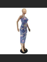 Sleeveless Camisole Off Shoulder Imitation Denim Printed Medium Length Dress