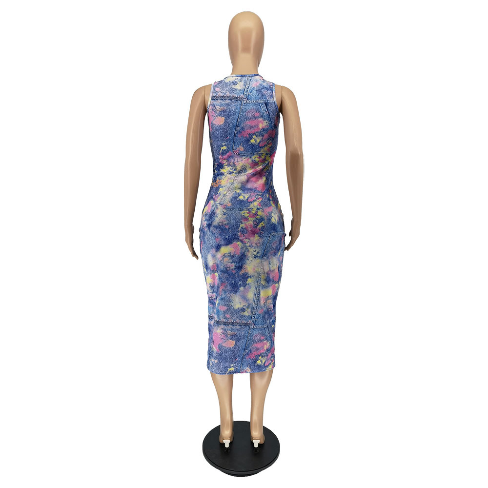 Sleeveless Camisole Off Shoulder Imitation Denim Printed Medium Length Dress