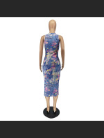 Sleeveless Camisole Off Shoulder Imitation Denim Printed Medium Length Dress