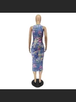 Sleeveless Camisole Off Shoulder Imitation Denim Printed Medium Length Dress