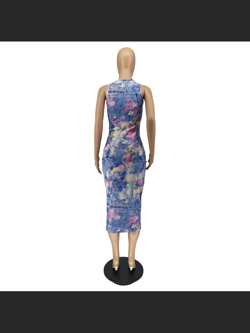 Sleeveless Camisole Off Shoulder Imitation Denim Printed Medium Length Dress