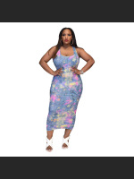 Sleeveless Camisole Off Shoulder Imitation Denim Printed Medium Length Dress