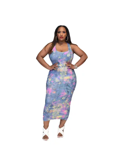 Sleeveless Camisole Off Shoulder Imitation Denim Printed Medium Length Dress 01