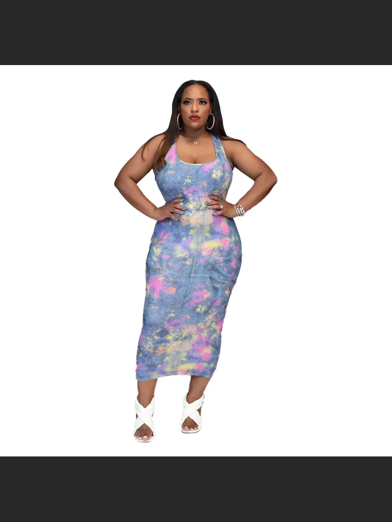 Sleeveless Camisole Off Shoulder Imitation Denim Printed Medium Length Dress