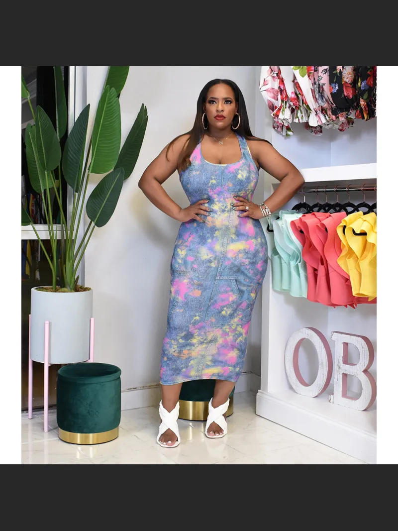 Sleeveless Camisole Off Shoulder Imitation Denim Printed Medium Length Dress