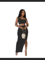 Solid Color Ice Silk Small Pit Strip Shoulder Split Set