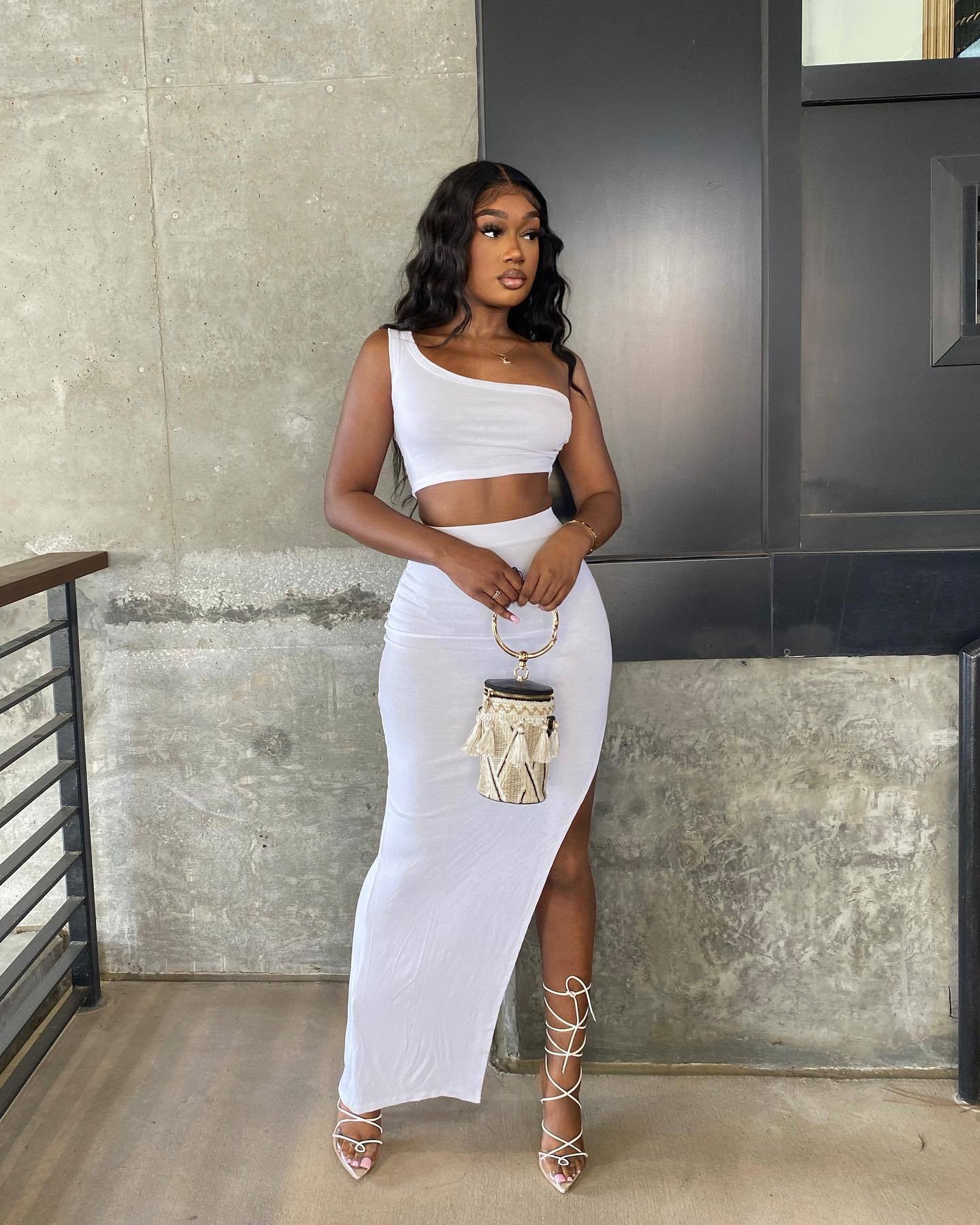 Solid Color Ice Silk Small Pit Strip Shoulder Split Set