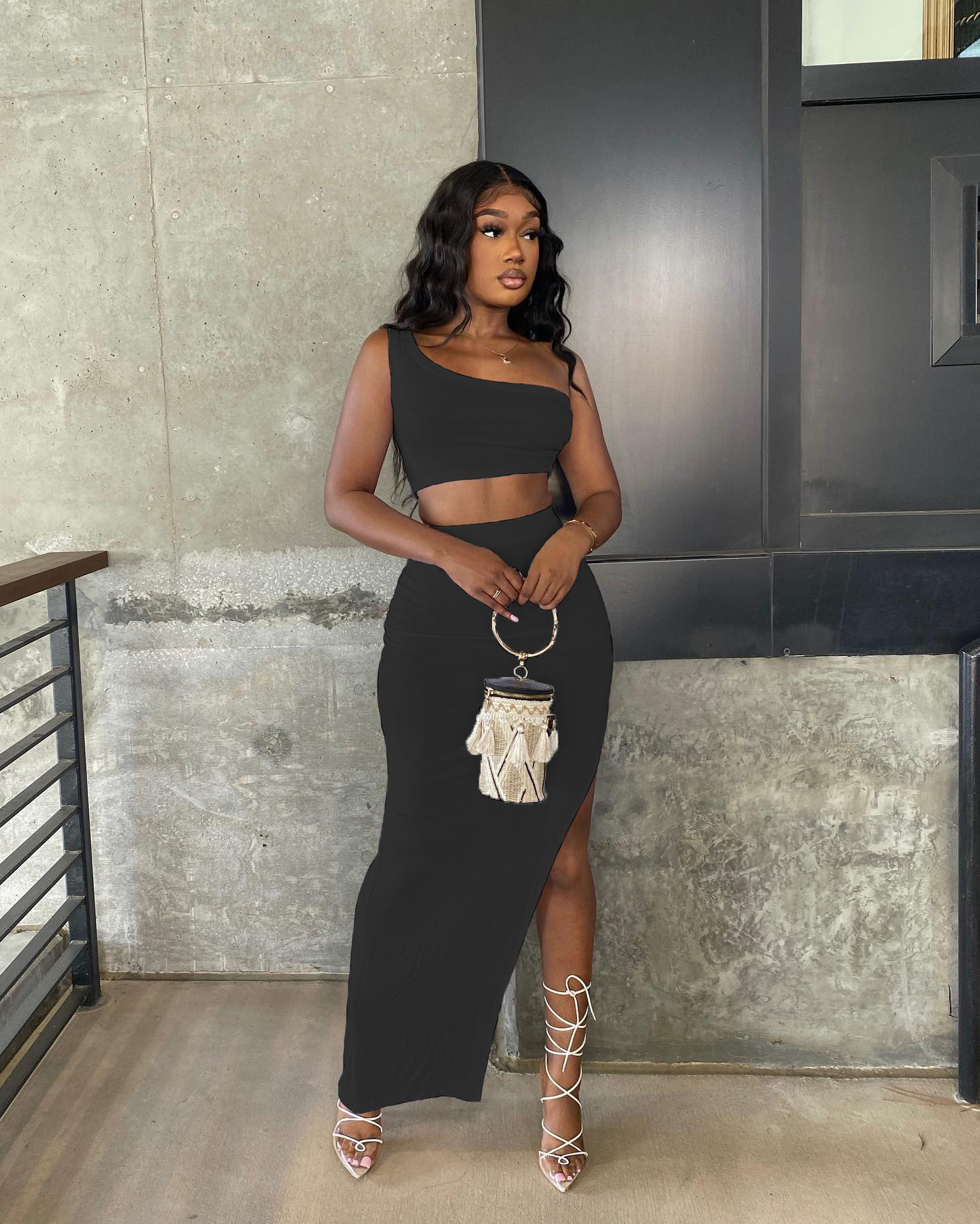 Solid Color Ice Silk Small Pit Strip Shoulder Split Set