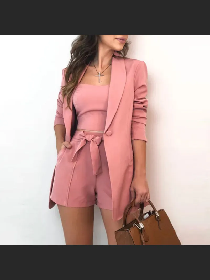 Solid Color Lace Up Small Suit Three Piece Set