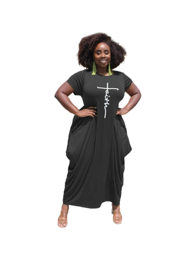 Solid Color Offset Letter Pocket Short Sleeved Jumpsuit Long Skirt 01