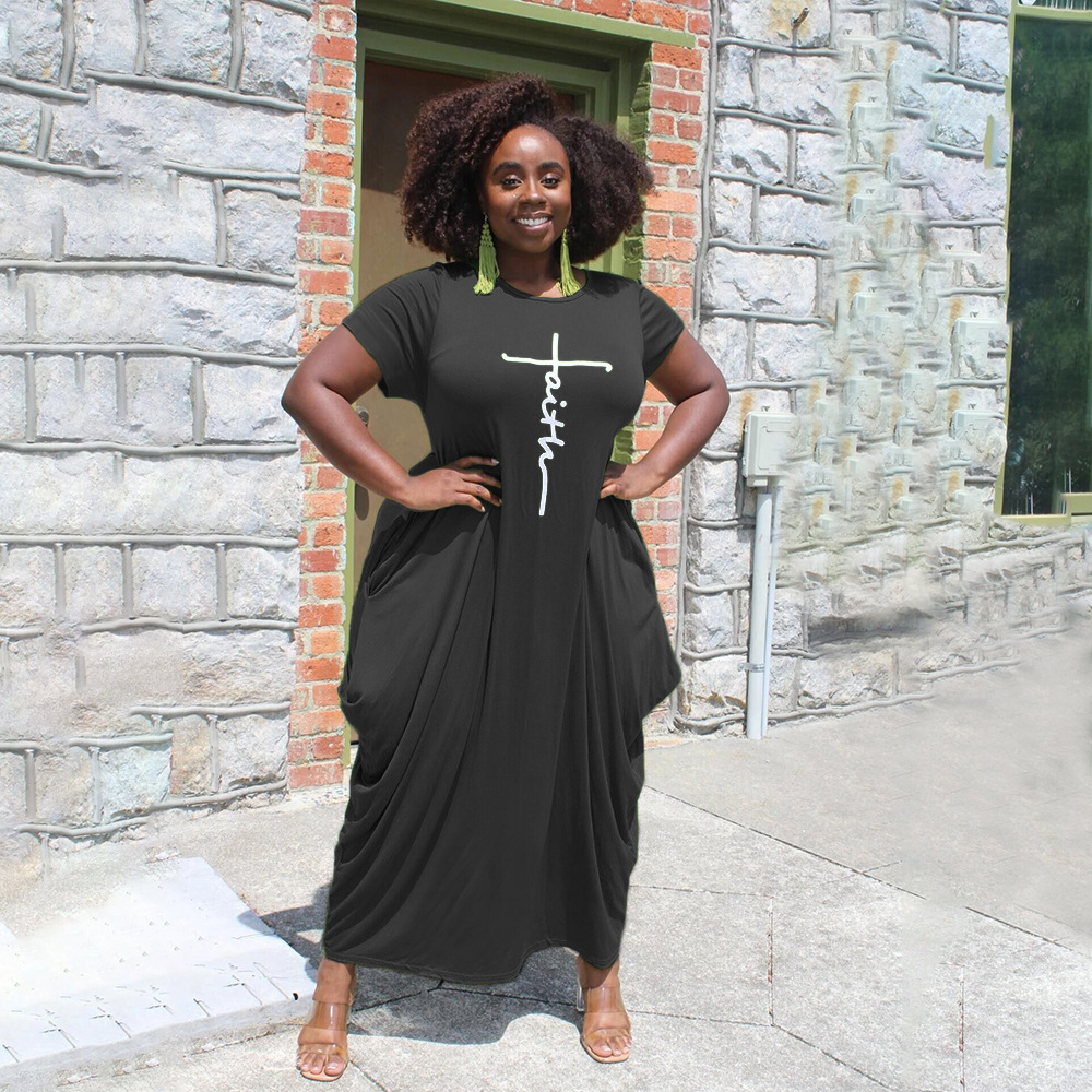 Solid Color Offset Letter Pocket Short Sleeved Jumpsuit Long Skirt