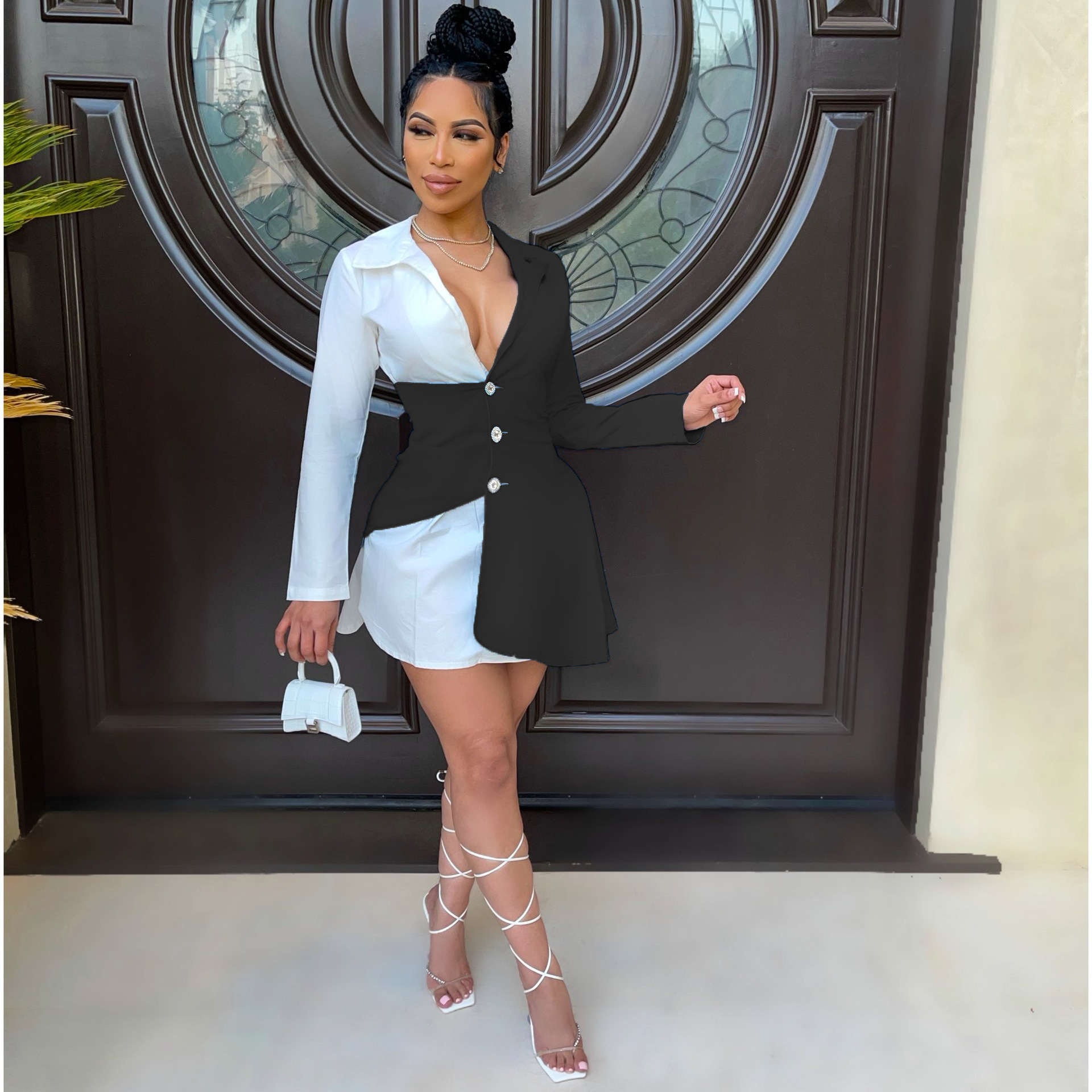 Summer Fashion Color Blocked Button Up Shirt Dress