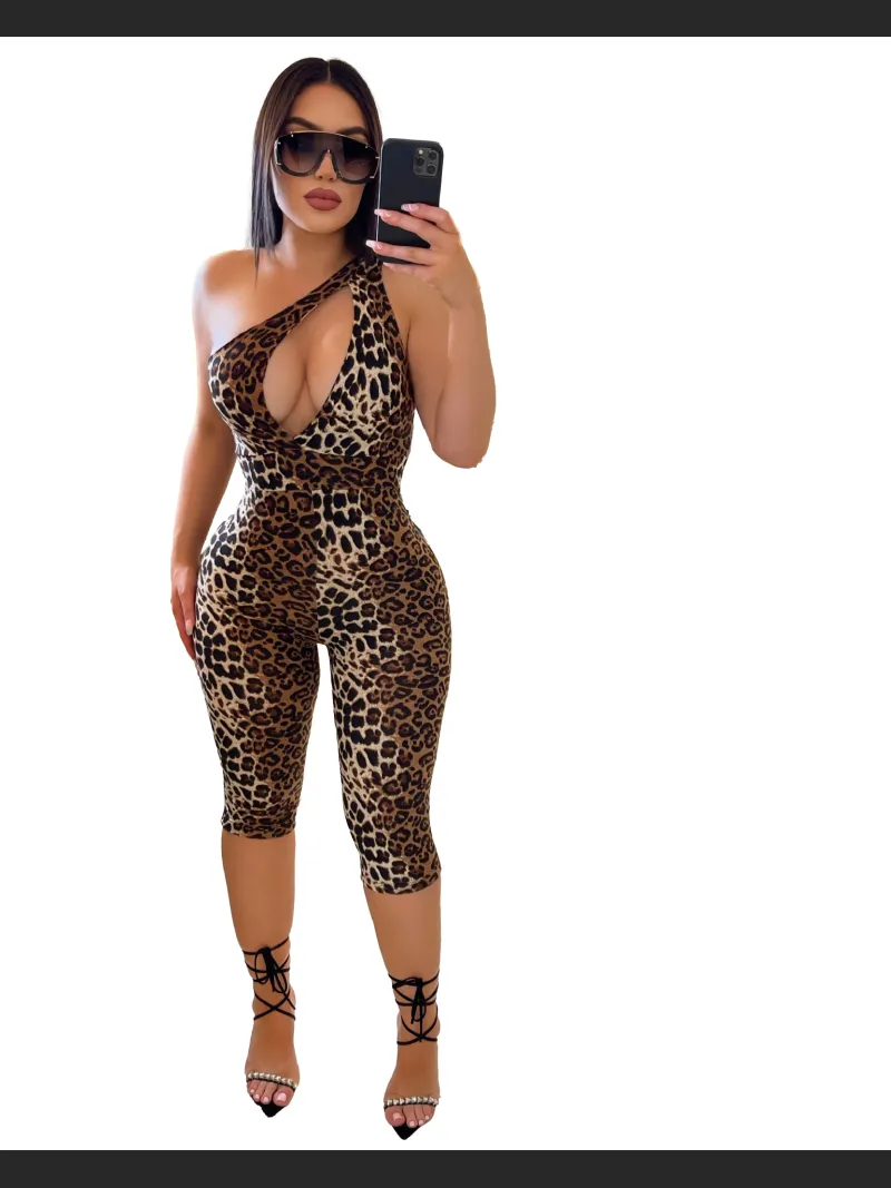 Summer Fashion Hollow One Shoulder Leopard Jumpsuit