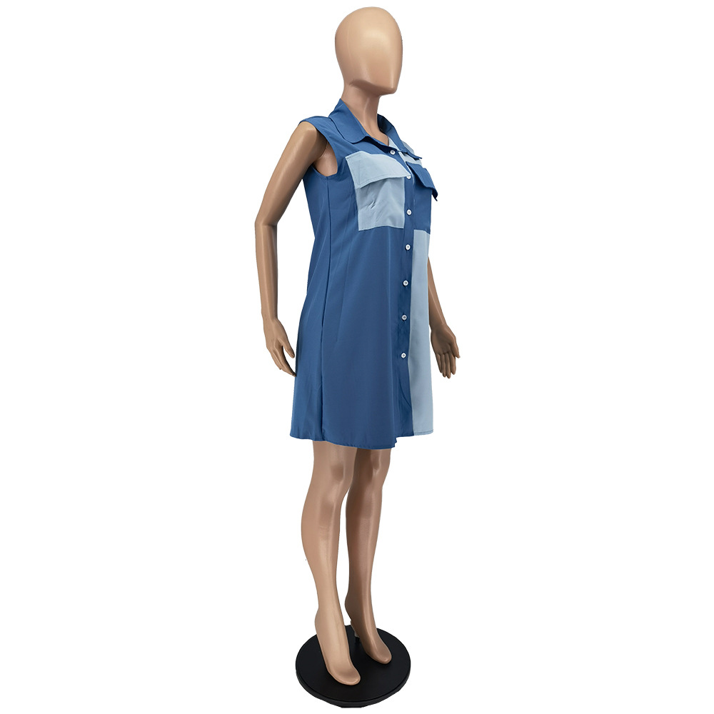 Summer Fashion Pocket Color Blocked Shirt Dress