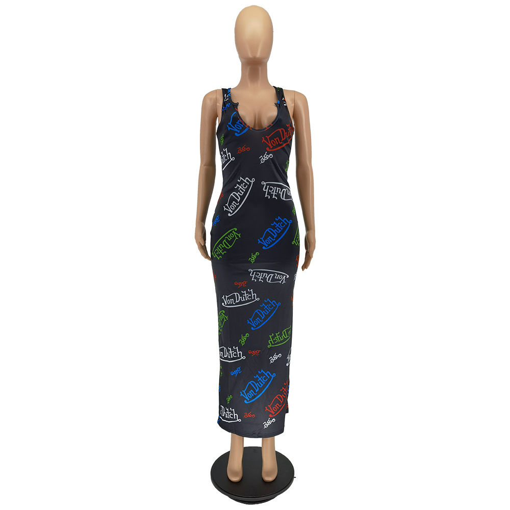 Summer Fashion Sexy Sleeveless Letter Printed Jumpsuit with Long Skirt