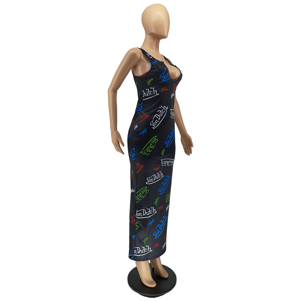 Summer Fashion Sexy Sleeveless Letter Printed Jumpsuit with Long Skirt
