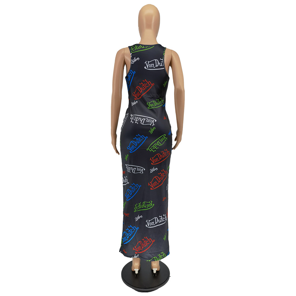 Summer Fashion Sexy Sleeveless Letter Printed Jumpsuit with Long Skirt