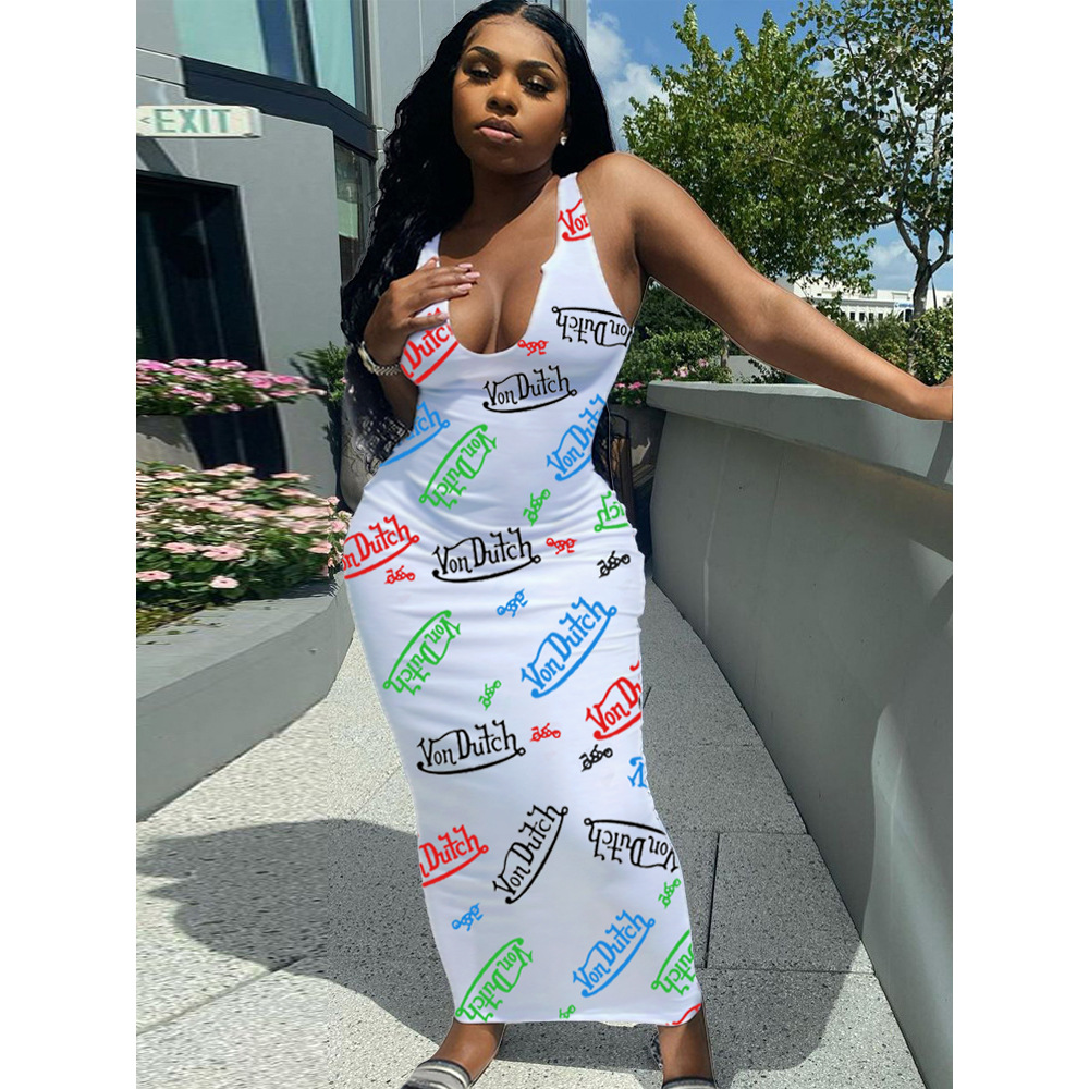 Summer Fashion Sexy Sleeveless Letter Printed Jumpsuit with Long Skirt