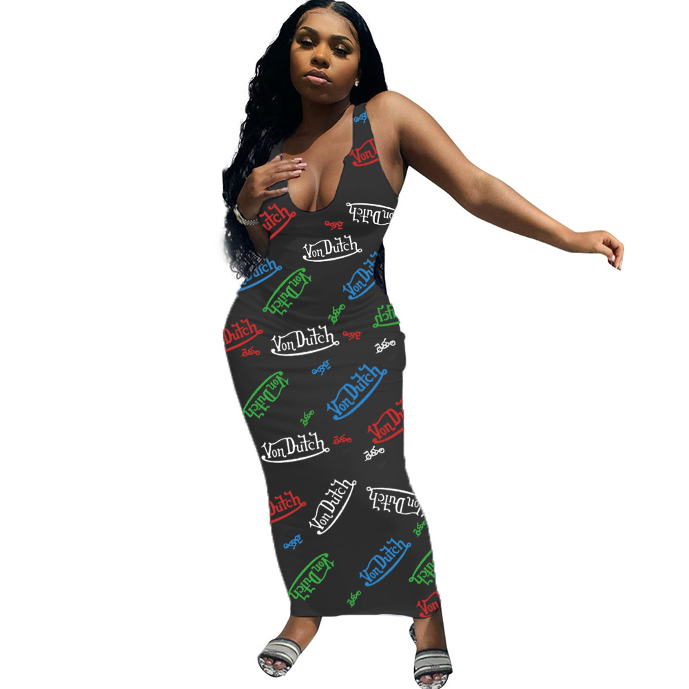 Summer Fashion Sexy Sleeveless Letter Printed Jumpsuit with Long Skirt