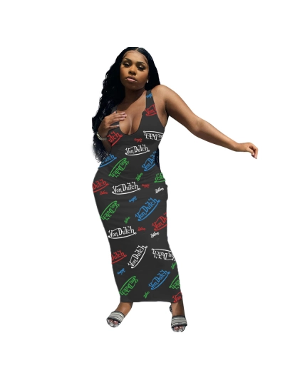 Summer Fashion Sexy Sleeveless Letter Printed Jumpsuit with Long Skirt 02