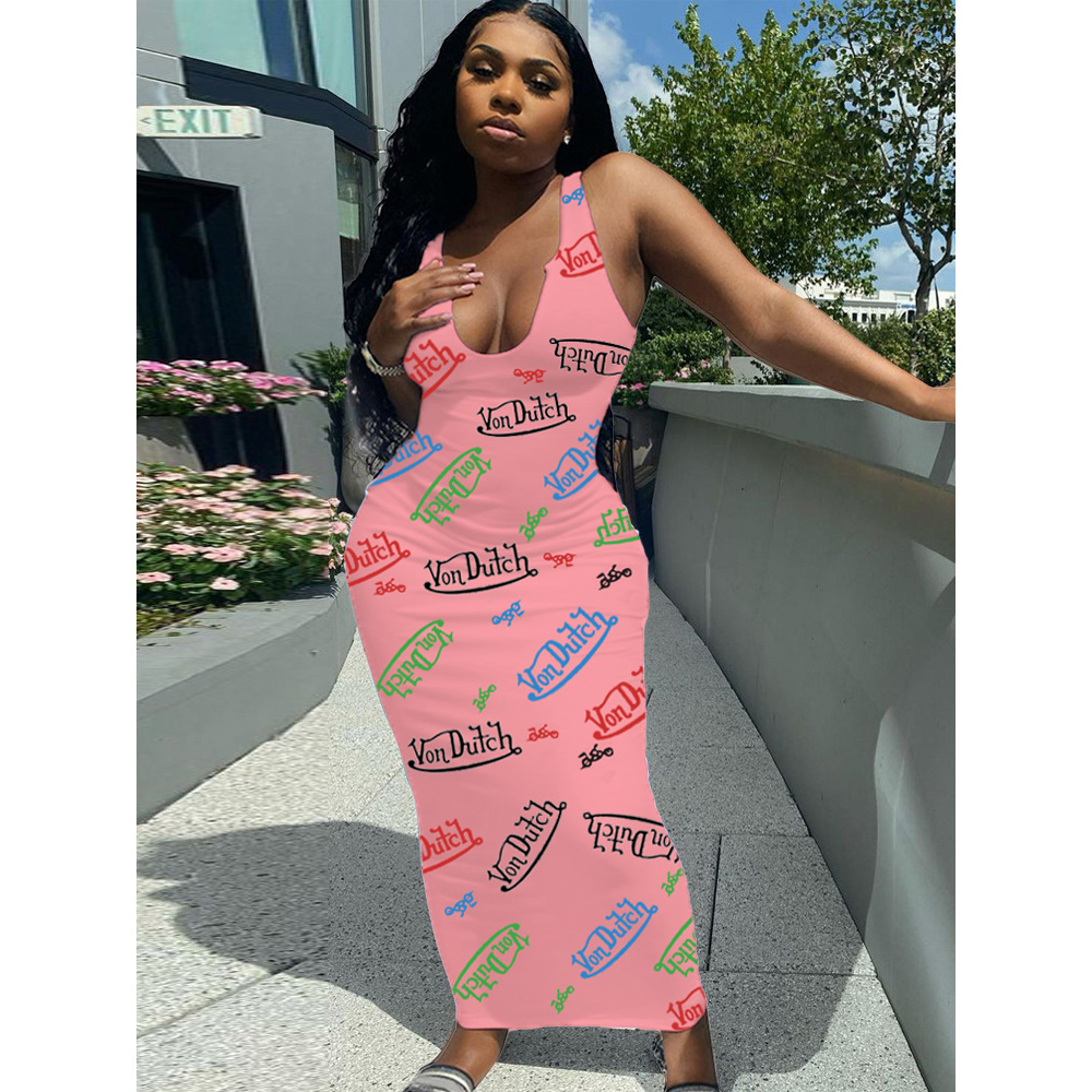 Summer Fashion Sexy Sleeveless Letter Printed Jumpsuit with Long Skirt