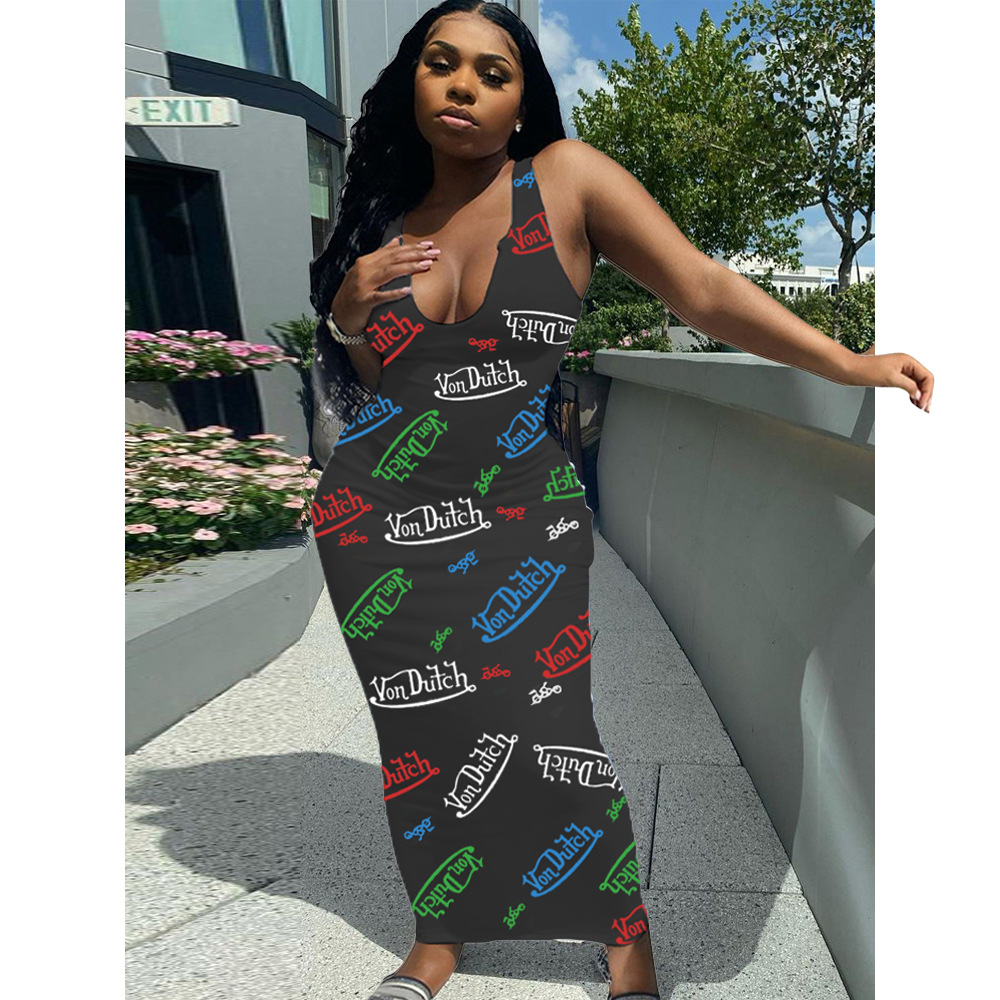 Summer Fashion Sexy Sleeveless Letter Printed Jumpsuit with Long Skirt