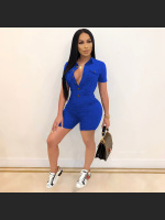 Summer Fashion Solid Color Button Short Sleeve Jumpsuit