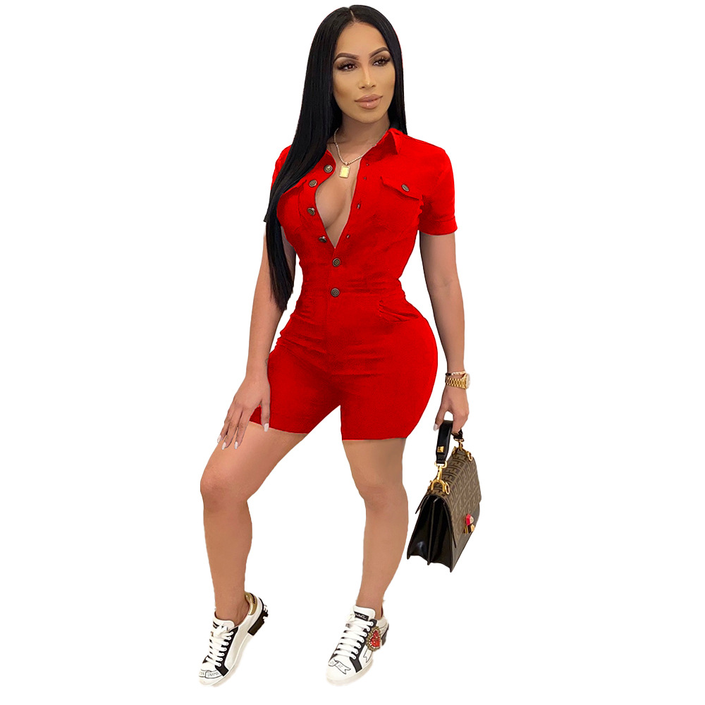 Summer Fashion Solid Color Button Short Sleeve Jumpsuit