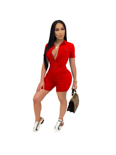 Summer Fashion Solid Color Button Short Sleeve Jumpsuit 02