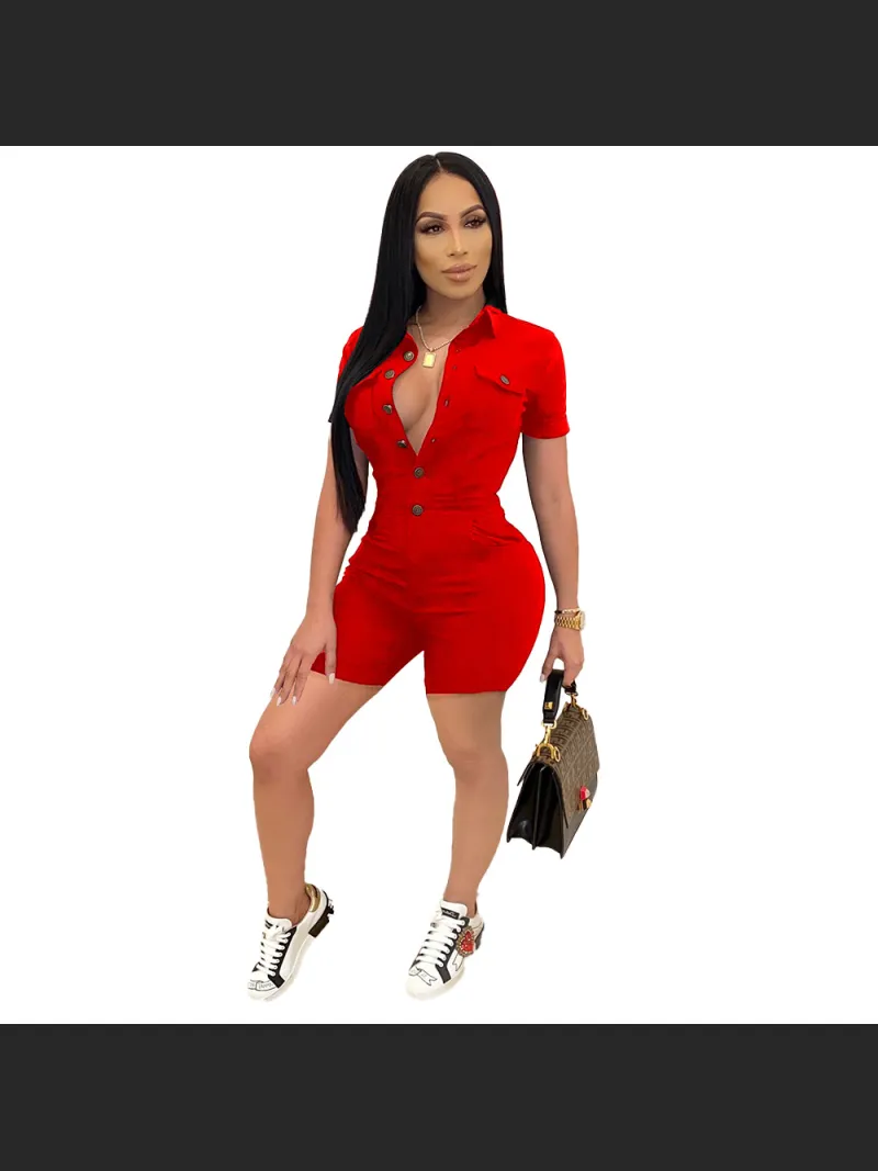 Summer Fashion Solid Color Button Short Sleeve Jumpsuit